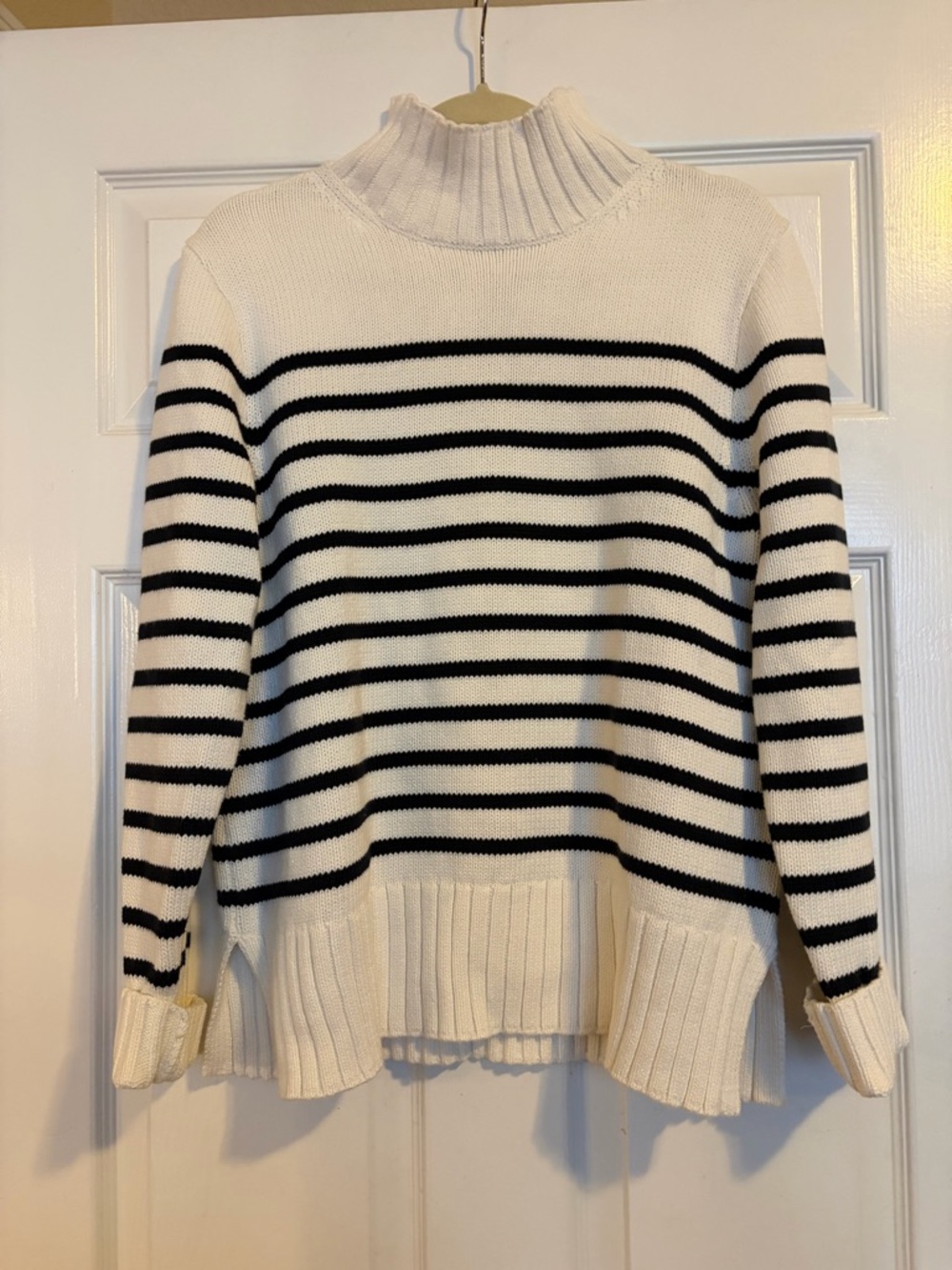 J. Crew White & navy Striped Turtleneck Sweater